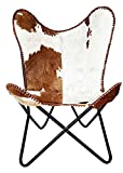 GifteQ Handmade Leather Living Room Butterfly Chair Tan Side Hand Stitch Leather Butterfly Chair for Relaxing with Powder Coated Folding Iron Frame Vintage Arm Chair Home Décor (Hairon White & Brown)