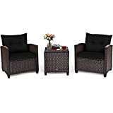 Tangkula 3 Pieces Patio Furniture Set, PE Rattan Wicker 3 Pcs Outdoor Sofa Set w/Washable Cushion and Tempered Glass Tabletop, Conversation Furniture for Garden Poolside Balcony (Black)