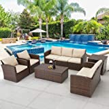AECOJOY 7 Pieces Patio Furniture Set with Two Storage Boxes, Outdoor Wicker Sectional Sofa, All-Weather Rattan Conversation Set for Garden, Backyard, Beige