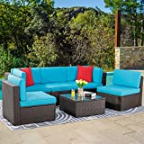 Vongrasig 6 Piece Small Patio Furniture Sets, Outdoor Sectional Sofa All Weather PE Wicker Patio Sofa Couch Garden Backyard Conversation Set with Glass Table,Blue Cushions and Red Pillows (Blue)